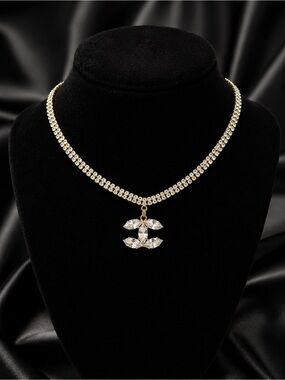 Gold Rhinestone Crystal CC Pendant Choker Necklace